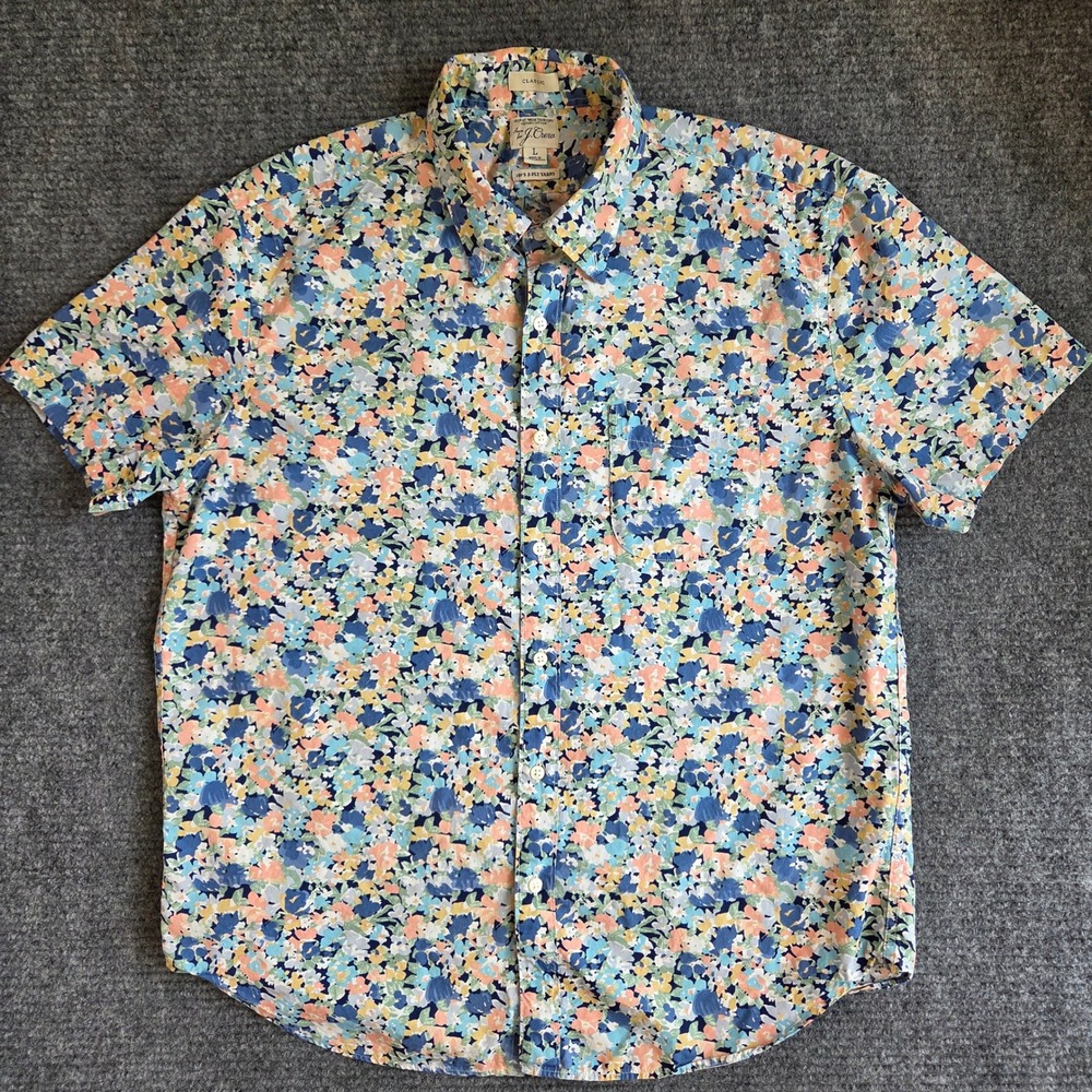 J. Crew Secret Wash Floral Button Down Shirt Organic Cotton Classic Fit L